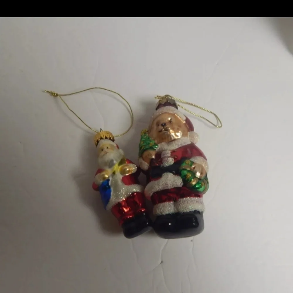 Hand Blown Glass Christmas Ornaments Lot of Two Santa and Santa Bear Glitter‎